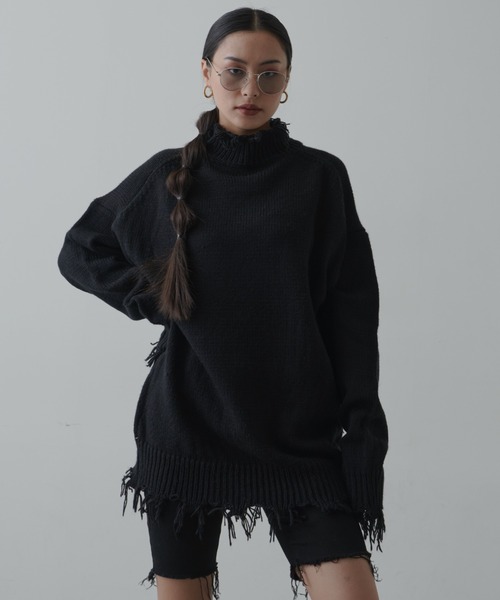 FIG&VIPER（フィグアンドバイパー）の「ハイネックダメージニットワンピ（チュニック・レディース・ブラック/ホワイト/ブラウン/ピンク・FREE）」の3枚目の写真