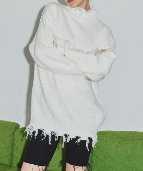 FIG&VIPER（フィグアンドバイパー）の「ハイネックダメージニットワンピ（チュニック・レディース・ブラック/ホワイト/ブラウン/ピンク・FREE）」の9枚目の写真