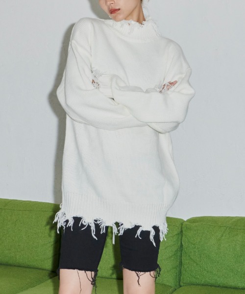 FIG&VIPER（フィグアンドバイパー）の「ハイネックダメージニットワンピ（チュニック・レディース・ブラック/ホワイト/ブラウン/ピンク・FREE）」の10枚目の写真