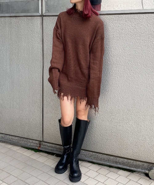 FIG&VIPER（フィグアンドバイパー）の「ハイネックダメージニットワンピ（チュニック・レディース・ブラック/ホワイト/ブラウン/ピンク・FREE）」の15枚目の写真