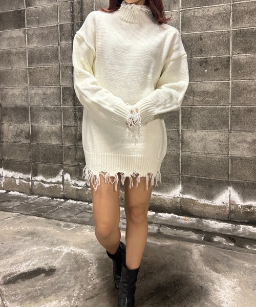 FIG&VIPER（フィグアンドバイパー）の「ハイネックダメージニットワンピ（チュニック・レディース・ブラック/ホワイト/ブラウン/ピンク・FREE）」の5枚目の写真