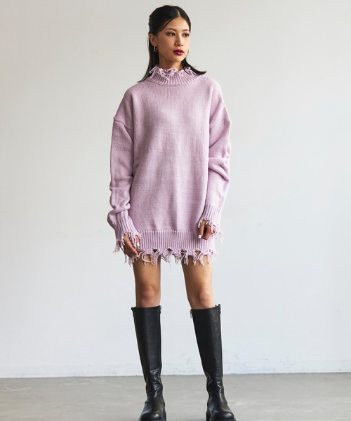 FIG&VIPER（フィグアンドバイパー）の「ハイネックダメージニットワンピ（チュニック・レディース・ブラック/ホワイト/ブラウン/ピンク・FREE）」の17枚目の写真