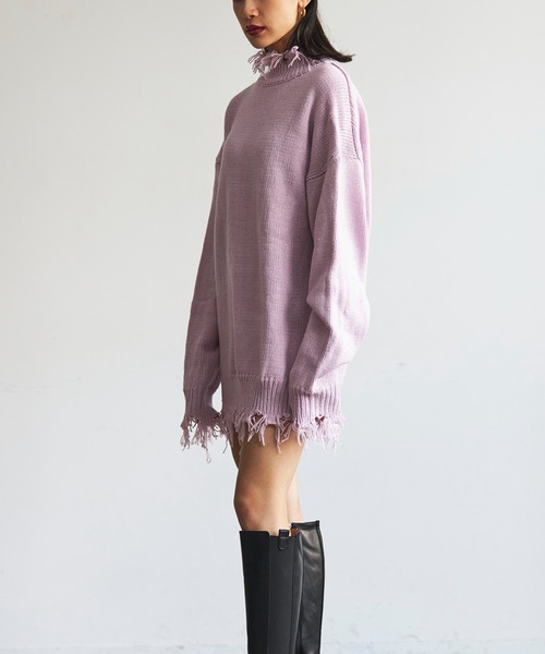 FIG&VIPER（フィグアンドバイパー）の「ハイネックダメージニットワンピ（チュニック・レディース・ブラック/ホワイト/ブラウン/ピンク・FREE）」の18枚目の写真