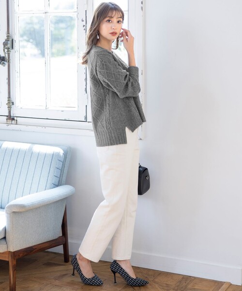 Tiaclasse（ティアクラッセ）の「【洗える】アラン柄キーネックニットトップス（ニット/セーター・レディース・ミント/ベージュ/ラベンダー/チャコールグレー・XL）」の13枚目の写真
