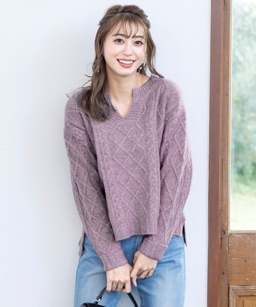Tiaclasse（ティアクラッセ）の「【洗える】アラン柄キーネックニットトップス（ニット/セーター・レディース・ミント/ベージュ/ラベンダー/チャコールグレー・XL）」の19枚目の写真