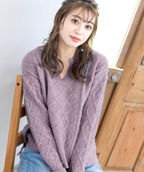 Tiaclasse（ティアクラッセ）の「【洗える】アラン柄キーネックニットトップス（ニット/セーター・レディース・ミント/ベージュ/ラベンダー/チャコールグレー・XL）」の22枚目の写真