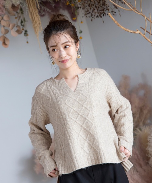 Tiaclasse（ティアクラッセ）の「【洗える】アラン柄キーネックニットトップス（ニット/セーター・レディース・ミント/ベージュ/ラベンダー/チャコールグレー・XL）」の6枚目の写真