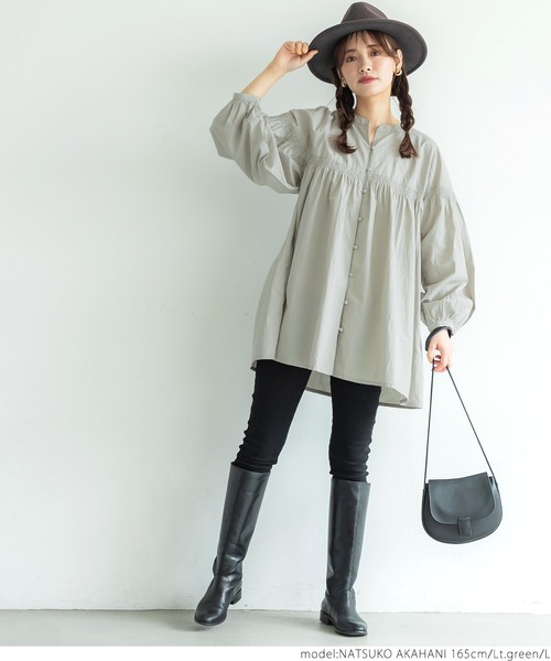 coca(coca)(コカ)の「コットンシャーリングブラウス(シャツ/ブラウス・レディース・ブラック/ライトグリーン・M/L)」の4枚目の写真