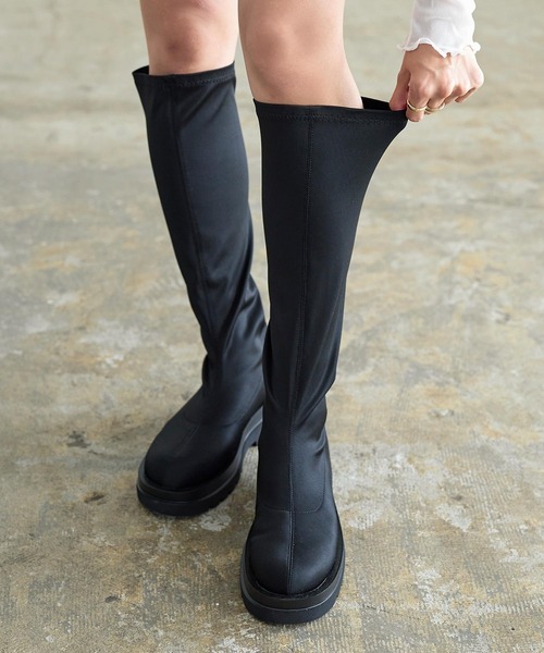 KOBE LETTUCE(コウベレタス)の「ストレッチロングチャンキーブーツ(ブーツ・レディース・ブラック/ブラック系・L/LL/S/M)」の7枚目の写真