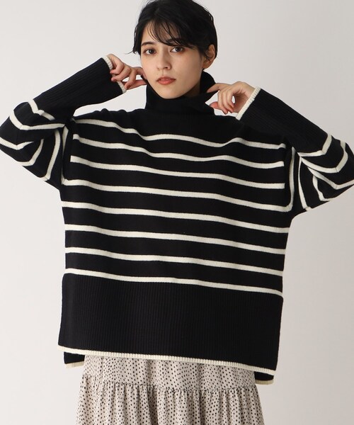 OPAQUE.CLIP（オペークドットクリップ）の「◆【C】ストレッチウールMIX ボーダーハイネックニット（ニット/セーター・レディース・ベージュ系その他5/ブラック系2/レッド系4・38/36）」の2枚目の写真