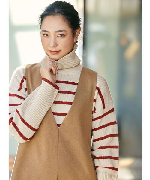 OPAQUE.CLIP（オペークドットクリップ）の「◆【C】ストレッチウールMIX ボーダーハイネックニット（ニット/セーター・レディース・ベージュ系その他5/ブラック系2/レッド系4・38/36）」の3枚目の写真