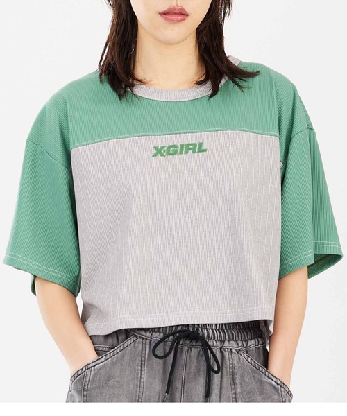 X-girl(エックスガール)の「RIBBED FOOTBALL TEE(Tシャツ/カットソー・レディース・グリーン/ネイビー/ブラック・M/S)」の2枚目の写真