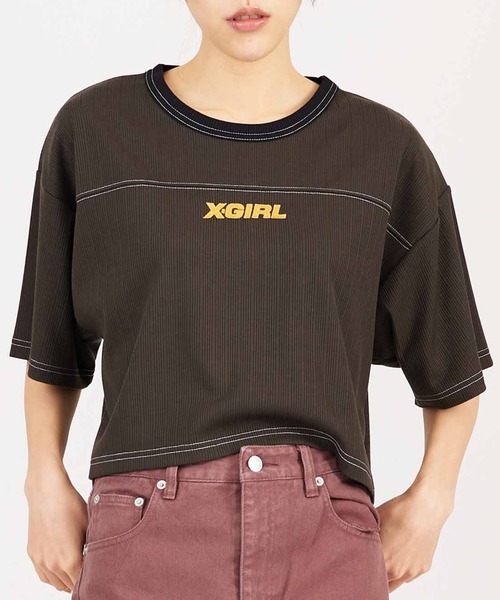 X-girl(エックスガール)の「RIBBED FOOTBALL TEE(Tシャツ/カットソー・レディース・グリーン/ネイビー/ブラック・M/S)」の1枚目の写真