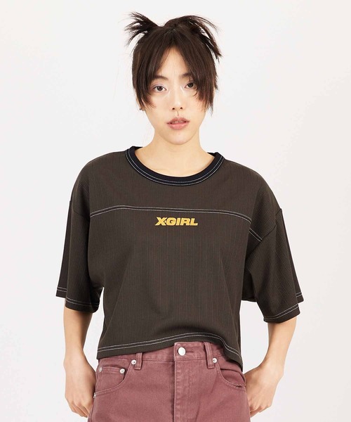 X-girl(エックスガール)の「RIBBED FOOTBALL TEE(Tシャツ/カットソー・レディース・グリーン/ネイビー/ブラック・M/S)」の11枚目の写真