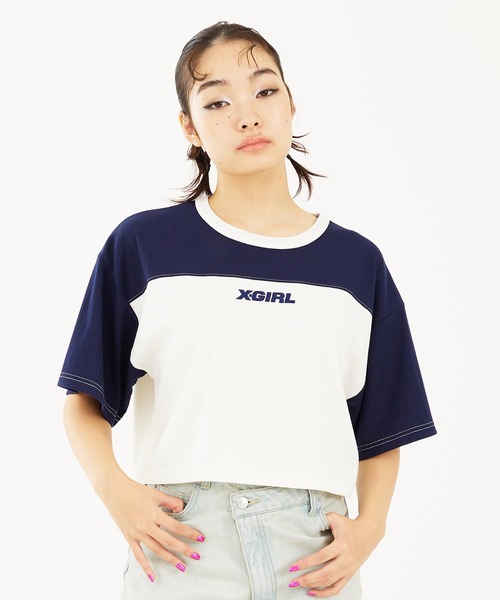 X-girl(エックスガール)の「RIBBED FOOTBALL TEE(Tシャツ/カットソー・レディース・グリーン/ネイビー/ブラック・M/S)」の15枚目の写真
