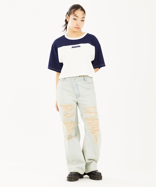 X-girl(エックスガール)の「RIBBED FOOTBALL TEE(Tシャツ/カットソー・レディース・グリーン/ネイビー/ブラック・M/S)」の7枚目の写真