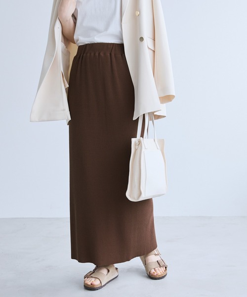 Chaco closet（チャコ クローゼット）の「リブセルフカットスリットナロースカート（スカート・レディース・アイボリー/オリーブ/ネイビー/ブラック/ダークブラウン・FREE）」の3枚目の写真