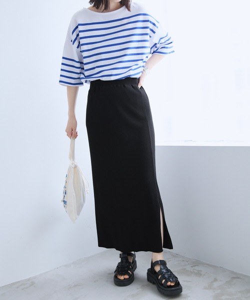 Chaco closet（チャコ クローゼット）の「リブセルフカットスリットナロースカート（スカート・レディース・アイボリー/オリーブ/ネイビー/ブラック/ダークブラウン・FREE）」の7枚目の写真