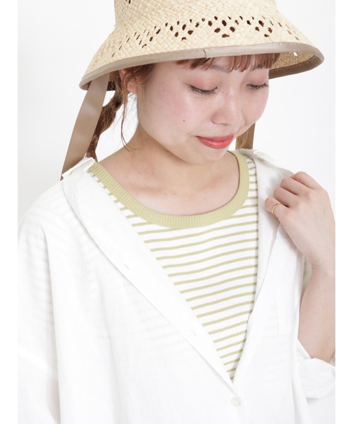 Samansa Mos2(サマンサ モスモス)の「テレコ襟配色半袖カットソー(Tシャツ/カットソー・レディース・ブラック/グリーン/オフホワイト/キナリ・フリ-)」の1枚目の写真