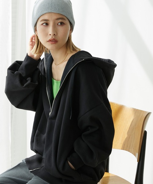 Chaco closet（チャコ クローゼット）の「裏起毛オーバーサイズジップアップフーディー（パーカー・レディース・ネイビー/アイボリー/オートミール/グリーン/ブラック・FREE）」の7枚目の写真