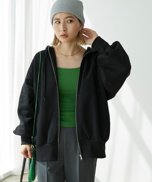 Chaco closet（チャコ クローゼット）の「裏起毛オーバーサイズジップアップフーディー（パーカー・レディース・ネイビー/アイボリー/オートミール/グリーン/ブラック・FREE）」の14枚目の写真