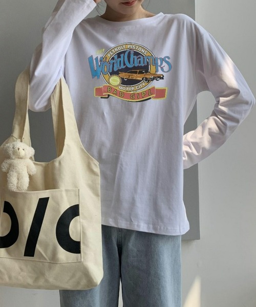 BASQUE magenta（バスクマゼンタ）の「ヴィンテージカーロゴデザインビッグシルエットロンT（Tシャツ/カットソー・レディース・ホワイト/ブラック・FREE）」の4枚目の写真