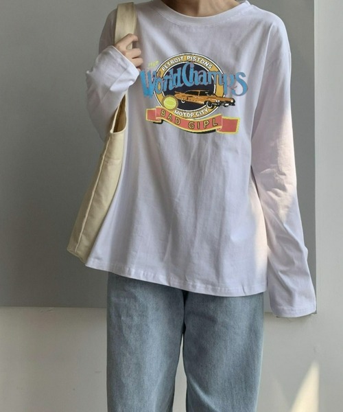 BASQUE magenta（バスクマゼンタ）の「ヴィンテージカーロゴデザインビッグシルエットロンT（Tシャツ/カットソー・レディース・ホワイト/ブラック・FREE）」の5枚目の写真