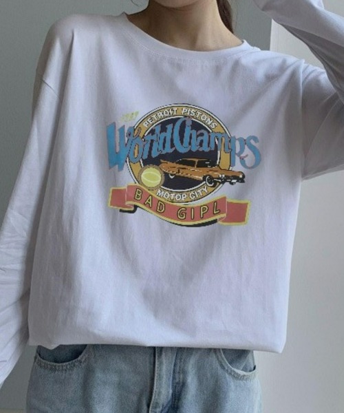 BASQUE magenta（バスクマゼンタ）の「ヴィンテージカーロゴデザインビッグシルエットロンT（Tシャツ/カットソー・レディース・ホワイト/ブラック・FREE）」の3枚目の写真