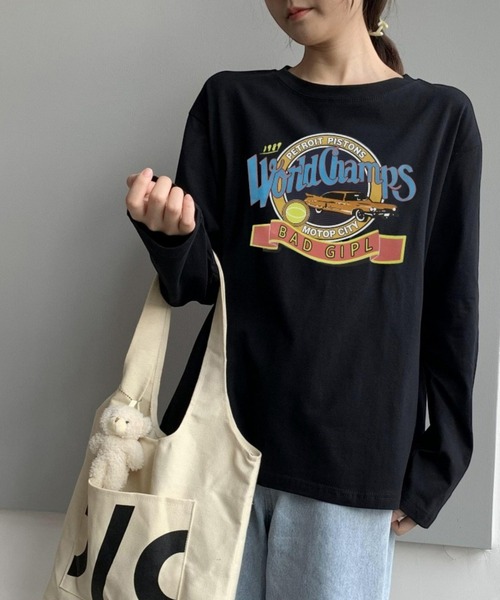 BASQUE magenta（バスクマゼンタ）の「ヴィンテージカーロゴデザインビッグシルエットロンT（Tシャツ/カットソー・レディース・ホワイト/ブラック・FREE）」の11枚目の写真