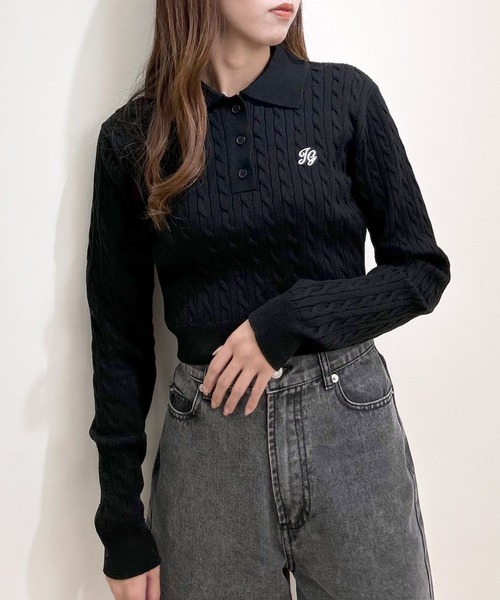 INGNI（イング）の「ケーブル長袖ポロニット（ニット/セーター・レディース・オフホワイト/ブラック/チャコールグレー・M）」の11枚目の写真