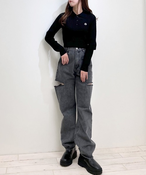 INGNI（イング）の「ケーブル長袖ポロニット（ニット/セーター・レディース・オフホワイト/ブラック/チャコールグレー・M）」の9枚目の写真