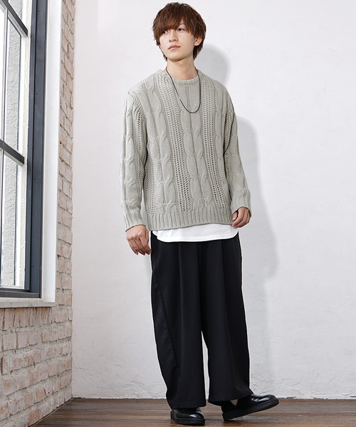 MinoriTY(マイノリティ)の「【MinoriTY】透かし編みケーブルクルーニット セーター メンズ メッシュトップス 春服 冬服(ニット/セーター・メンズ・ブラック/グレイッシュベージュ・M/L)」の6枚目の写真