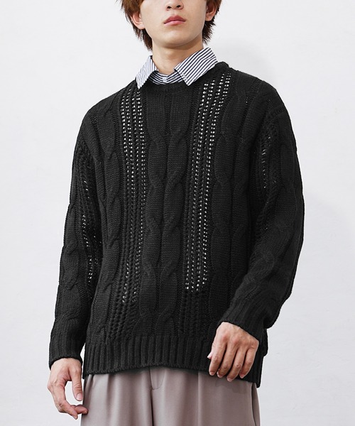 MinoriTY(マイノリティ)の「【MinoriTY】透かし編みケーブルクルーニット セーター メンズ メッシュトップス 春服 冬服(ニット/セーター・メンズ・ブラック/グレイッシュベージュ・M/L)」の3枚目の写真