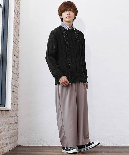 MinoriTY(マイノリティ)の「【MinoriTY】透かし編みケーブルクルーニット セーター メンズ メッシュトップス 春服 冬服(ニット/セーター・メンズ・ブラック/グレイッシュベージュ・M/L)」の4枚目の写真