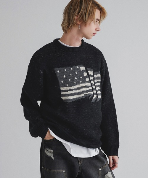 WISH FOR EVER（ウィッシュフォーエバー）の「ダメージ国旗ニット（ニット/セーター・メンズ・ブルー/ホワイト/ブラック・MEDIUM/LARGE）」の10枚目の写真