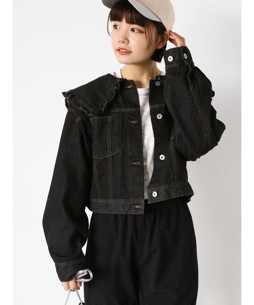 ehka sopo（エヘカソポ）の「フリル襟デニムジャケット（ノーカラージャケット・レディース・オフホワイト/ネイビー/ブラック・F）」の2枚目の写真