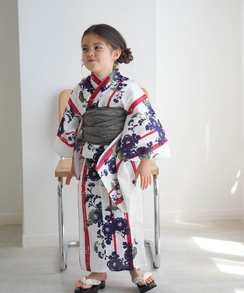 ニコアンティーク 高級変わり織 浴衣3点セット 赤のバンブーストライプと菊影絵 ニコアンティーク 高級変わり織 浴衣3点セット 赤のバンブー