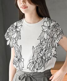フラワーレース袖リブTシャツ
