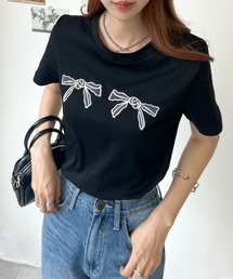 【コットン100%】ダブル刺繍リボンロゴTシャツ