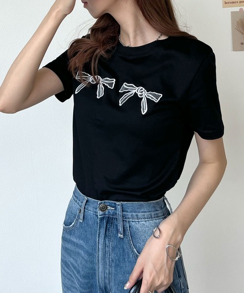 Futier land(フューティアランド)の「【コットン100%】ダブル刺繍リボンロゴTシャツ(Tシャツ/カットソー・レディース・ブラック/ホワイト・FREE)」の9枚目の写真