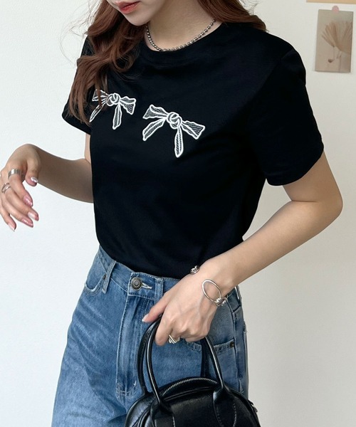 Futier land(フューティアランド)の「【コットン100%】ダブル刺繍リボンロゴTシャツ(Tシャツ/カットソー・レディース・ブラック/ホワイト・FREE)」の10枚目の写真