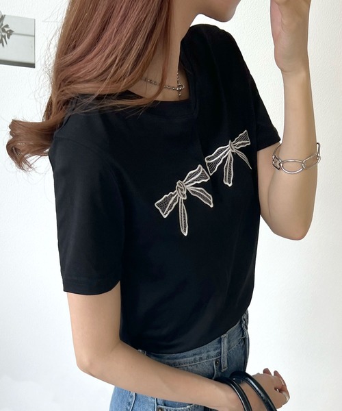 Futier land(フューティアランド)の「【コットン100%】ダブル刺繍リボンロゴTシャツ(Tシャツ/カットソー・レディース・ブラック/ホワイト・FREE)」の8枚目の写真
