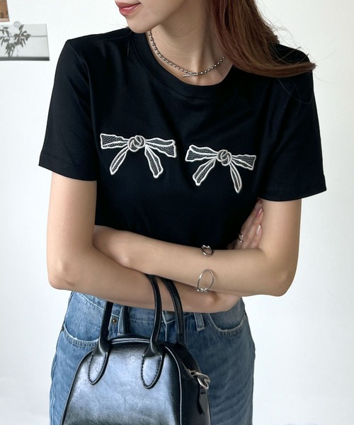Futier land(フューティアランド)の「【コットン100%】ダブル刺繍リボンロゴTシャツ(Tシャツ/カットソー・レディース・ブラック/ホワイト・FREE)」の7枚目の写真