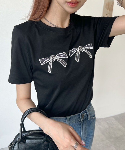 Futier land(フューティアランド)の「【コットン100%】ダブル刺繍リボンロゴTシャツ(Tシャツ/カットソー・レディース・ブラック/ホワイト・FREE)」の6枚目の写真