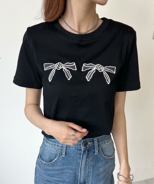 Futier land(フューティアランド)の「【コットン100%】ダブル刺繍リボンロゴTシャツ(Tシャツ/カットソー・レディース・ブラック/ホワイト・FREE)」の5枚目の写真