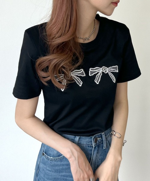 Futier land(フューティアランド)の「【コットン100%】ダブル刺繍リボンロゴTシャツ(Tシャツ/カットソー・レディース・ブラック/ホワイト・FREE)」の4枚目の写真