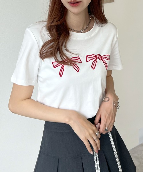 Futier land(フューティアランド)の「【コットン100%】ダブル刺繍リボンロゴTシャツ(Tシャツ/カットソー・レディース・ブラック/ホワイト・FREE)」の21枚目の写真