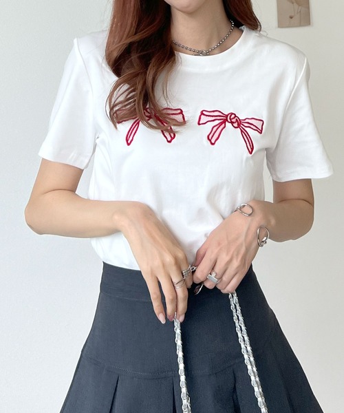 Futier land(フューティアランド)の「【コットン100%】ダブル刺繍リボンロゴTシャツ(Tシャツ/カットソー・レディース・ブラック/ホワイト・FREE)」の18枚目の写真