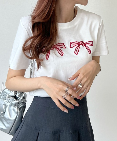 Futier land(フューティアランド)の「【コットン100%】ダブル刺繍リボンロゴTシャツ(Tシャツ/カットソー・レディース・ブラック/ホワイト・FREE)」の16枚目の写真