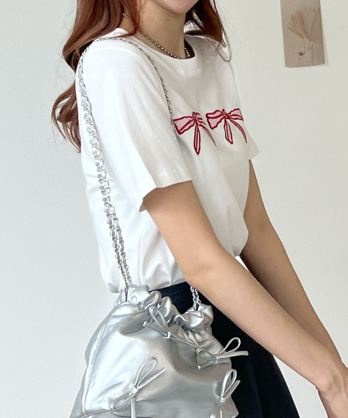 Futier land(フューティアランド)の「【コットン100%】ダブル刺繍リボンロゴTシャツ(Tシャツ/カットソー・レディース・ブラック/ホワイト・FREE)」の15枚目の写真